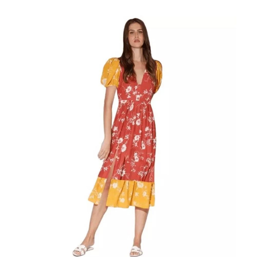 Walter Baker Cara Marigold Burnt Orange Saffron Midi short Sleeve dress XS NWOT